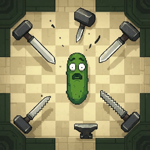 A nervous pickle surrounded by falling knives, hammers, and anvils on a factory floor